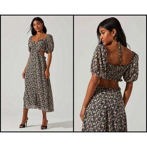 💕ASTR💕 Floral Ruffle Cutout Midi Dress ~ Black Lilac Ditsy Medium M NWT
